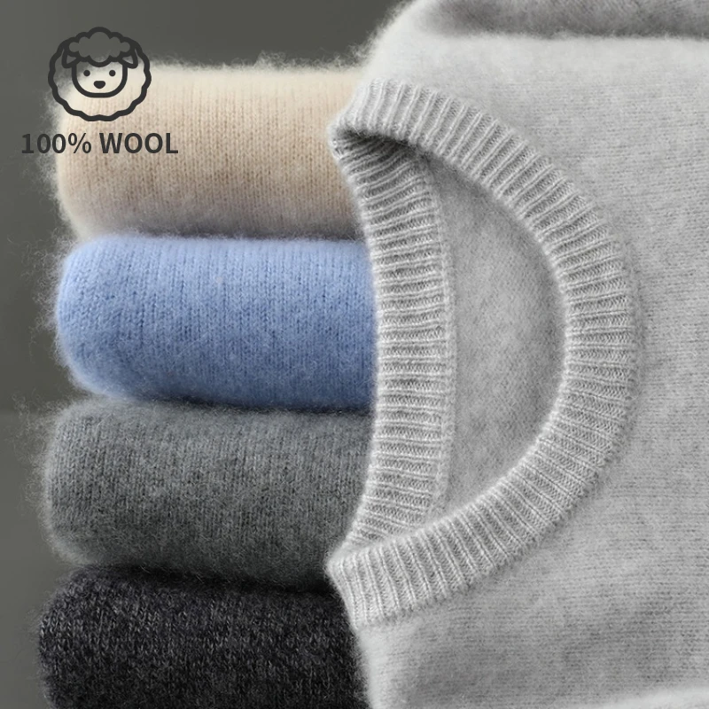 

100% Wool Sweater, 7-Needle 380g Heavy Knit, Round Neck Basic, Olive Green Multi-Color Soft and Warm.