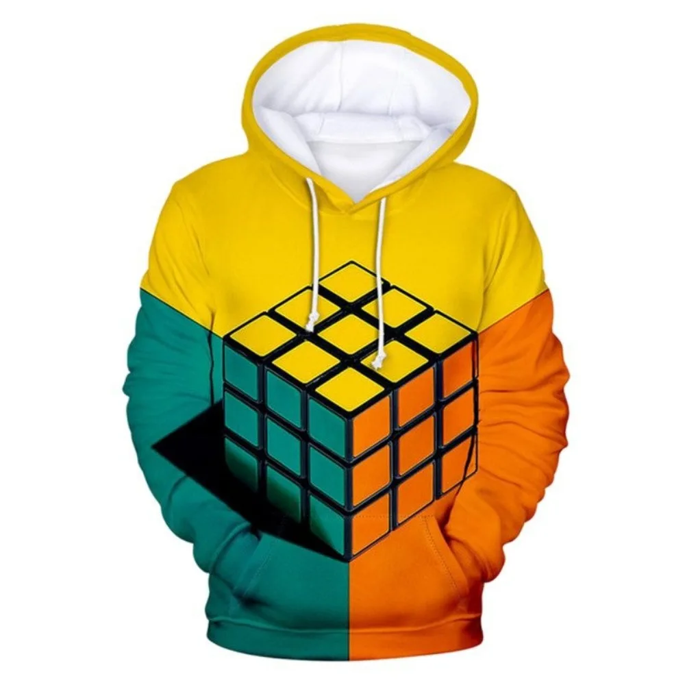 Sudadera con capucha de cubo mágico colorido para hombre y mujer, suéter con estampado 3d de cubo de Rubik de dibujos animados, Jersey informal para