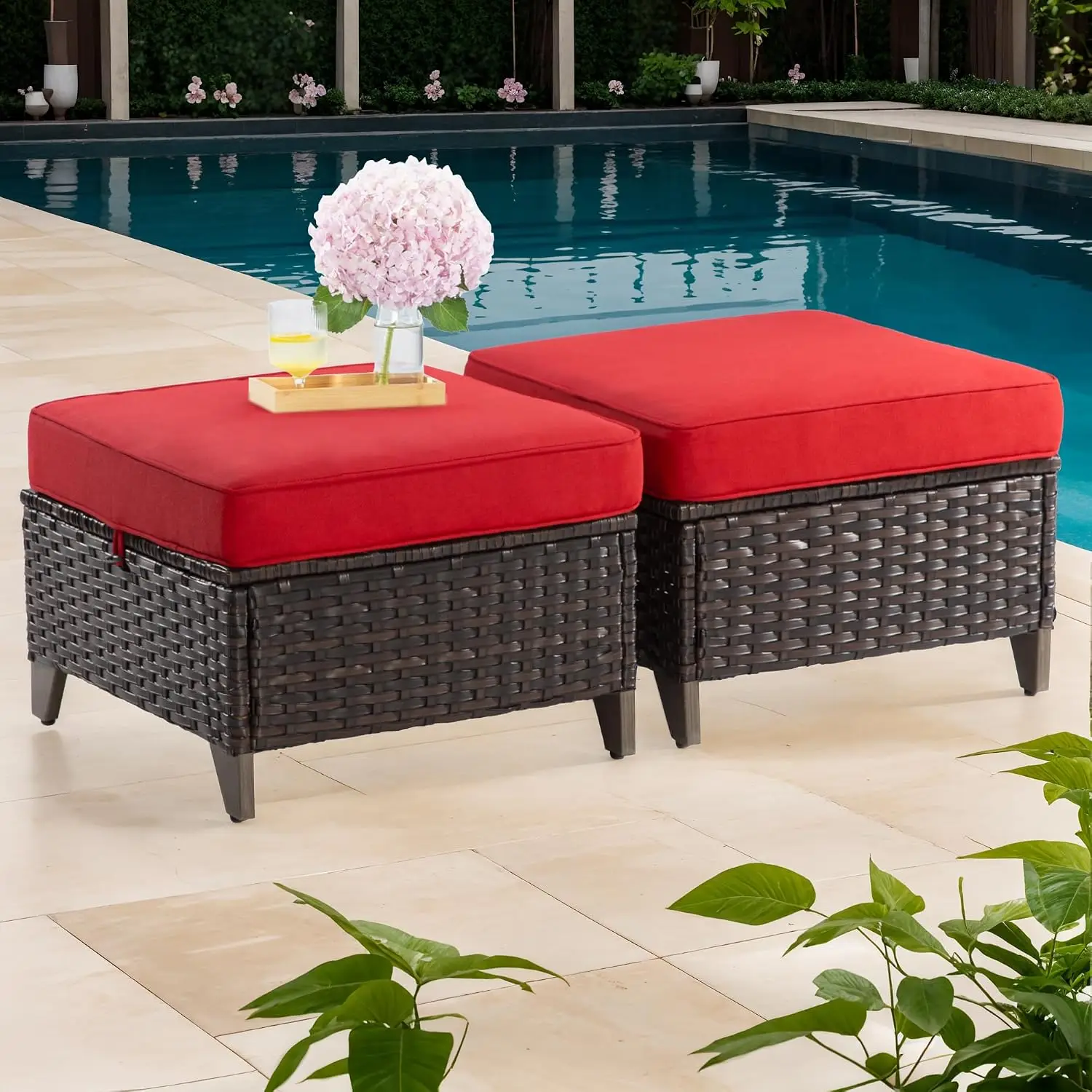 All Weather Outdoor Rattan Ottoman Set of 2 Patio Footstools with Removable Cushions for Garden Backyard Porch, Customized