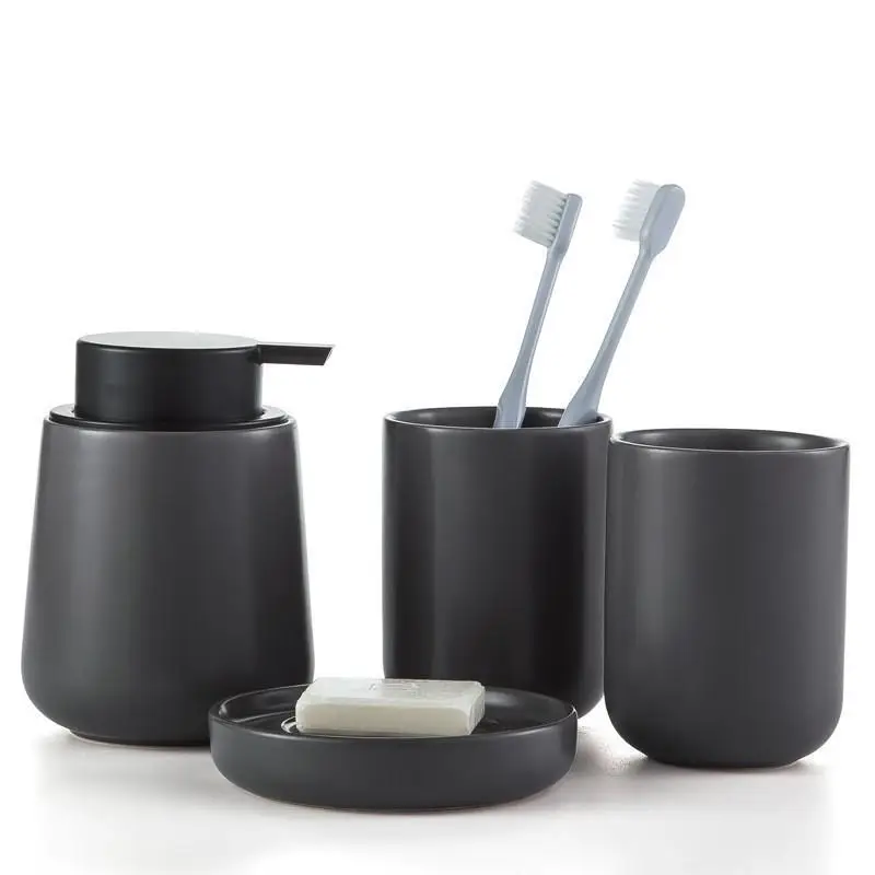 

WSHYUFEI Nordic bathroom gray simple ceramic four-piece toothbrush holder lotion bottle soap box wash set