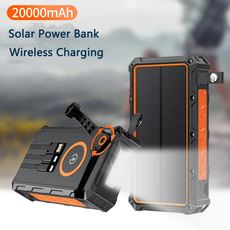 Hand Crank Solar Power Bank 20000mAh Dual USB Port Wireless Charger for iPhone 15 Samsung Powerbank with LED Light Spare Battery