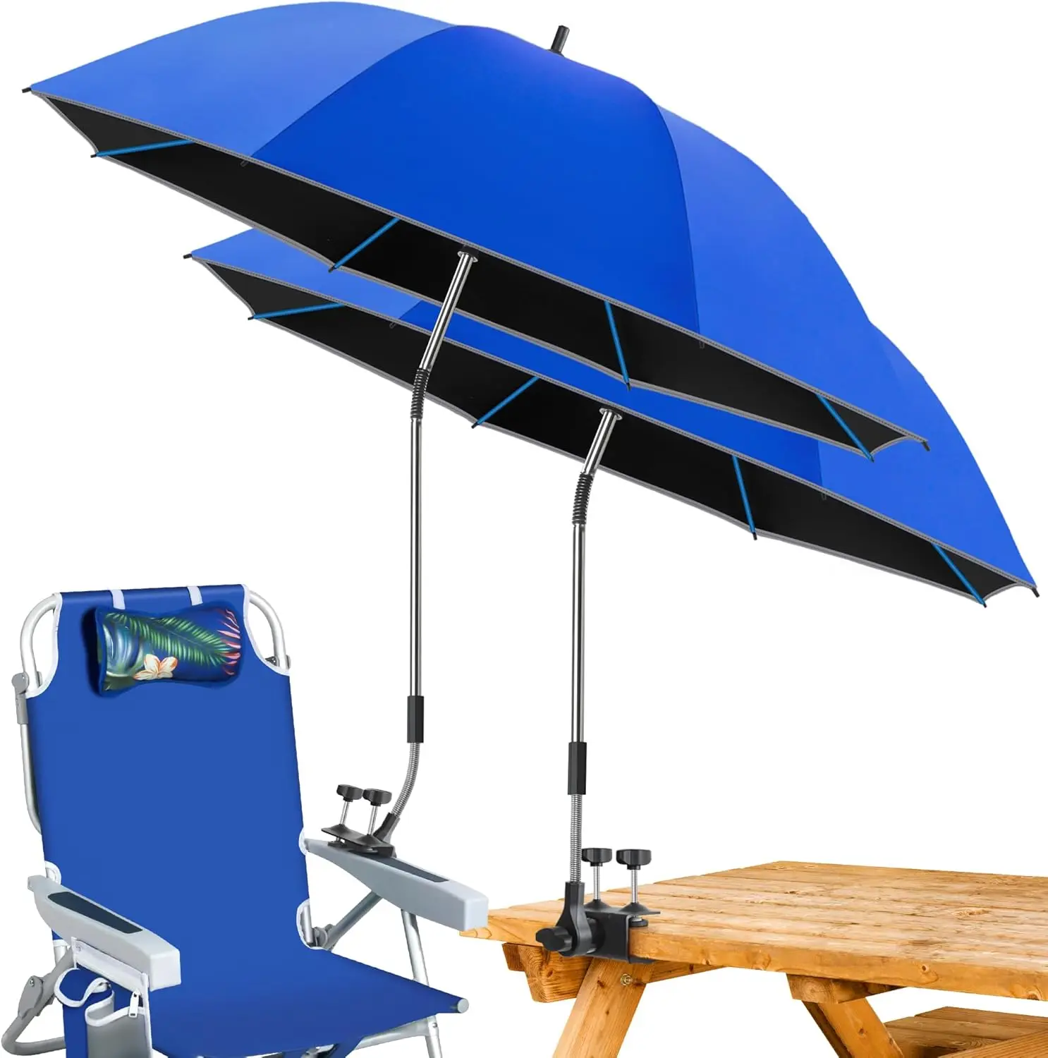 

2-Pack Large Beach Umbrella with Clamp, Adjustable 360°, UV Protection for Camping Chairs and Golf Carts