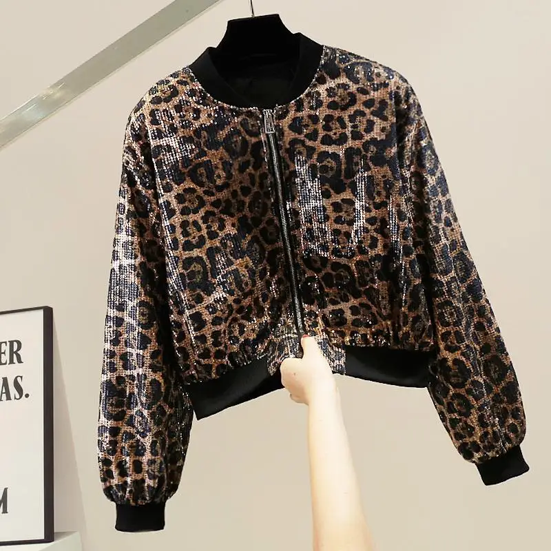 

American Style Fashion Heavy Work Sequin Leopard Print Long Sleeve Loose Versatile Top Commute Style Triacetate Fiber