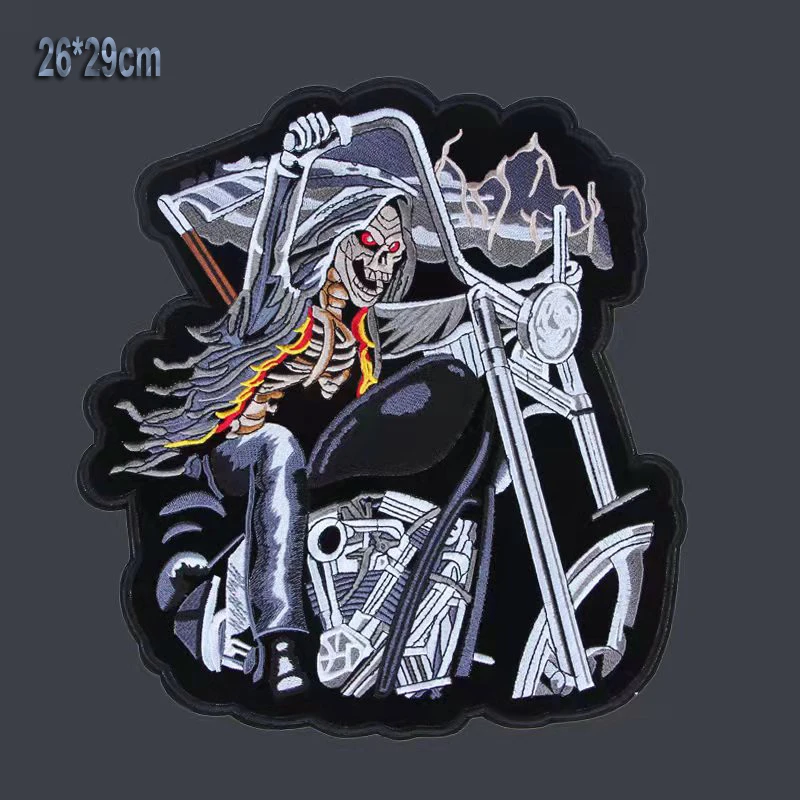 Parches bordados de esqueleto de locomotora de 11.4 pulgadas (26*29cm) para la espalda de chaquetas y chalecos, para clubes de motociclistas y bikers, para coser y hacer bordados.