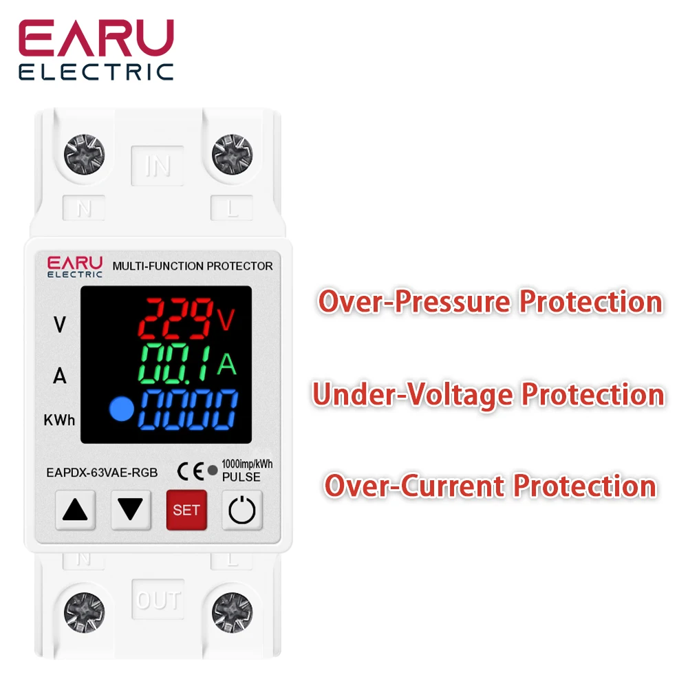 63A 230V 3IN1 ディスプレイ調整可能な過電圧および不足電圧保護装置プロテクターリレー過電流保護制限