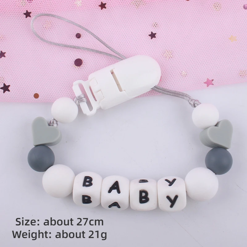 Clips de silicona para chupete de bebé, cadena con nombre personalizado, corazón, caramelo, letras, chupete, soporte para pezones, accesorios para