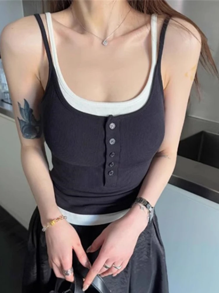 Color Block Outer Wear Camis Spliced Mock Two Piece Women Camisole 2026 Summer New Hot Girl Button Tank Top With Built-in Pads