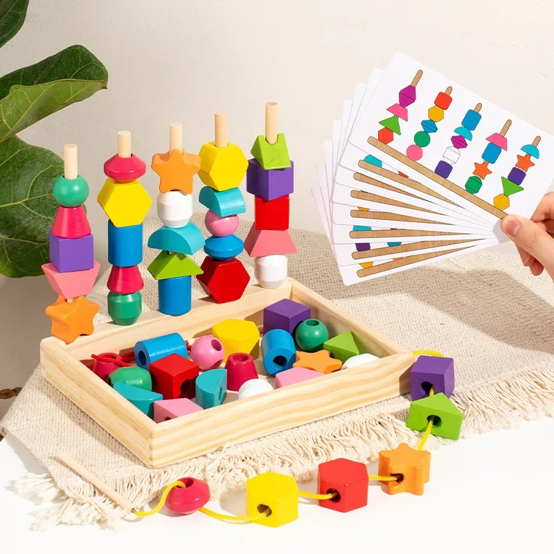 Ensemble de blocs de construction en bois pour enfants, forme, perception, illumination, arc-en-ciel, cinq colonnes, boîte de perles, jouets