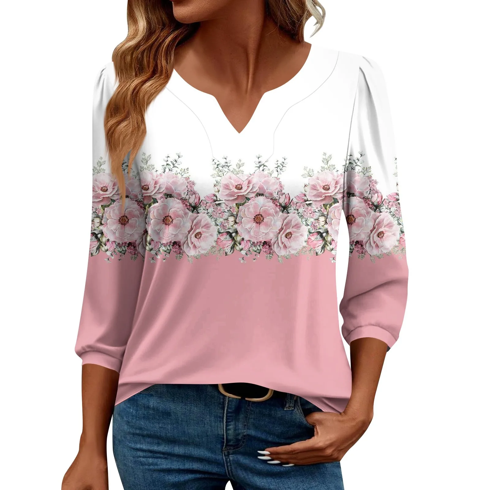 

3/4 Length Sleeve Womens Top Dressy Casual V-Neck Puff Sleeve Blouses Business Work Tunic Shirt Women's Shirt Graphic Tees Shirt