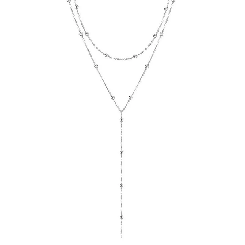 Gold Color Double Layered Long Tassel Y Shape Necklace for Women Minimalist Beaded Choker Chain Fashion Jewelry Gift