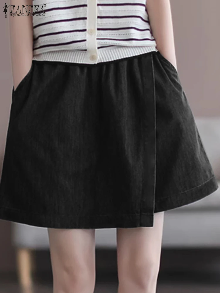 

Модные женские шорты ZANZEA, летние винтажные однотонные праздничные брюки с эластичной резинкой на талии, однотонные мягкие джинсовые брюки, свободные широкие брюки