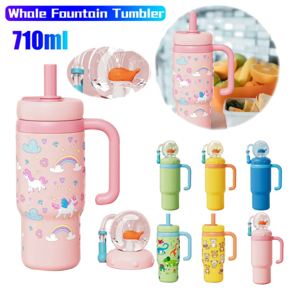 

2025 Stainless Steel Whale Fountain Tumbler with Handle Whale Squirt Water Cup Leak Proof Water Bottle with Straw Creative Gift