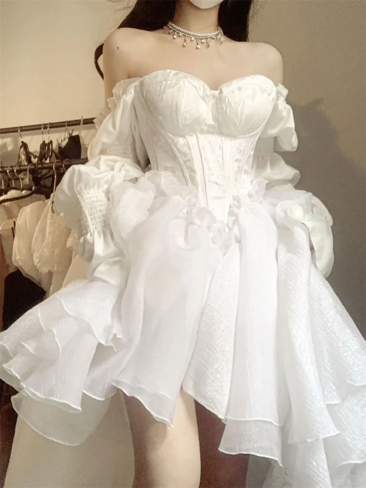 

Elegant Sweet Puff Sleeve Dress for Women Y2k Sexy Slim Waist Strapless Dresses 2025 Summer New White Vestido Feminino