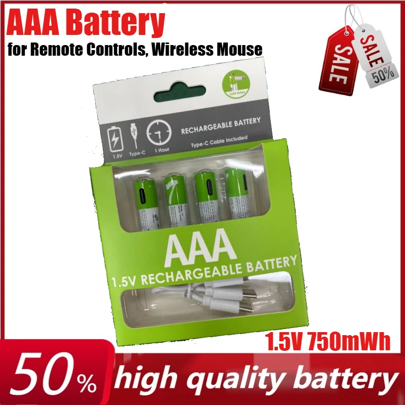 

1.5V 750mWh AAA Rechargeable Lithium Battery for Remote Controls, Toys, Wireless Mouse + Type-C Cable
