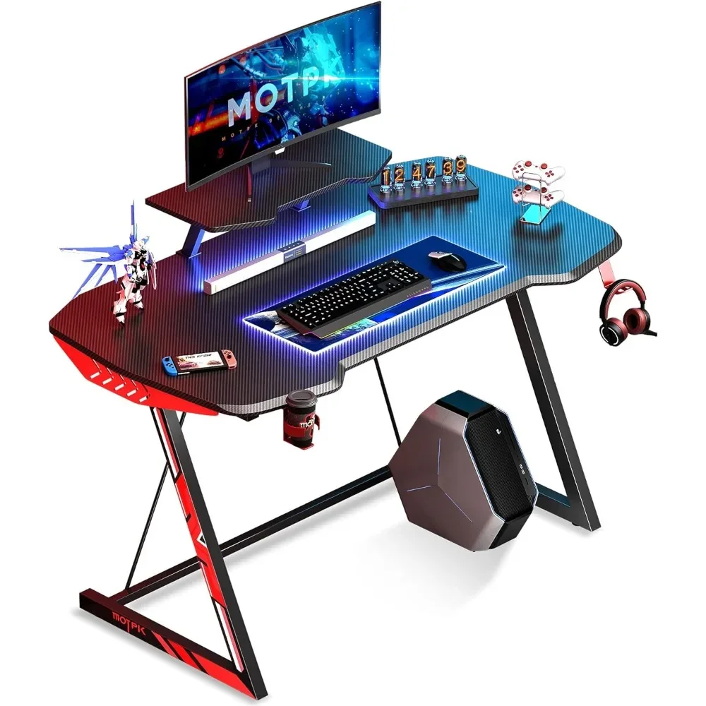 

Gaming Desk with LED Lights, Small Gaming Table Desk 39 inch Z Shaped, Gamer Desk Ergonomic Sturdy, Computer Desk, Black