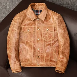 2025 Classic Casual Yellow Brown Plus Size Cowhide Leather Jacket Men's Vegetable Tanned Batik Head Skin Coat Autumn Winter