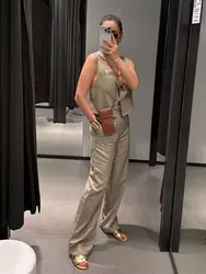 HH 2024 Women Solid Side Lace Up Beading V-Neck Sleeveless Vest Top+Casual Pocket Loose High Waist Long Pant 2 Piece Set