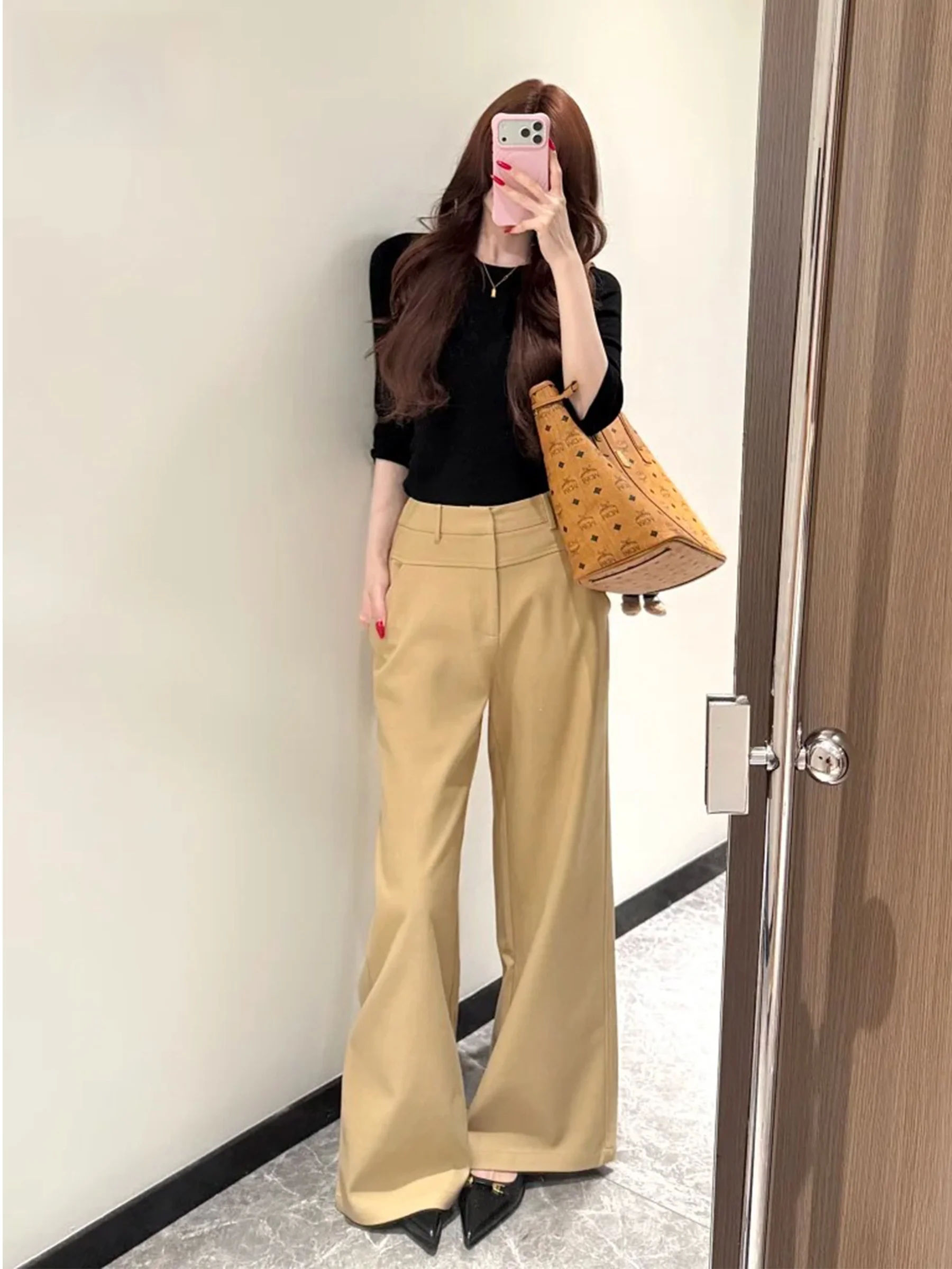 

Женские повседневные брюки цвета хаки с широкими штанинами, прямые брюки с высокой талией, свободные, стройнящие, летние, новый стиль, в стиле Old Money