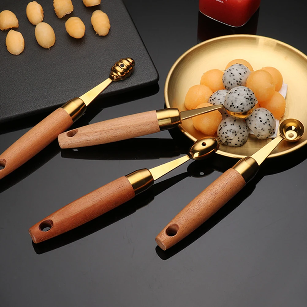 

2pcs Fruit Digging Scoop Stainless Steel Wooden Handle Kitchen Tool Smooth Surface Easy Clean Melon Dessert Spoon