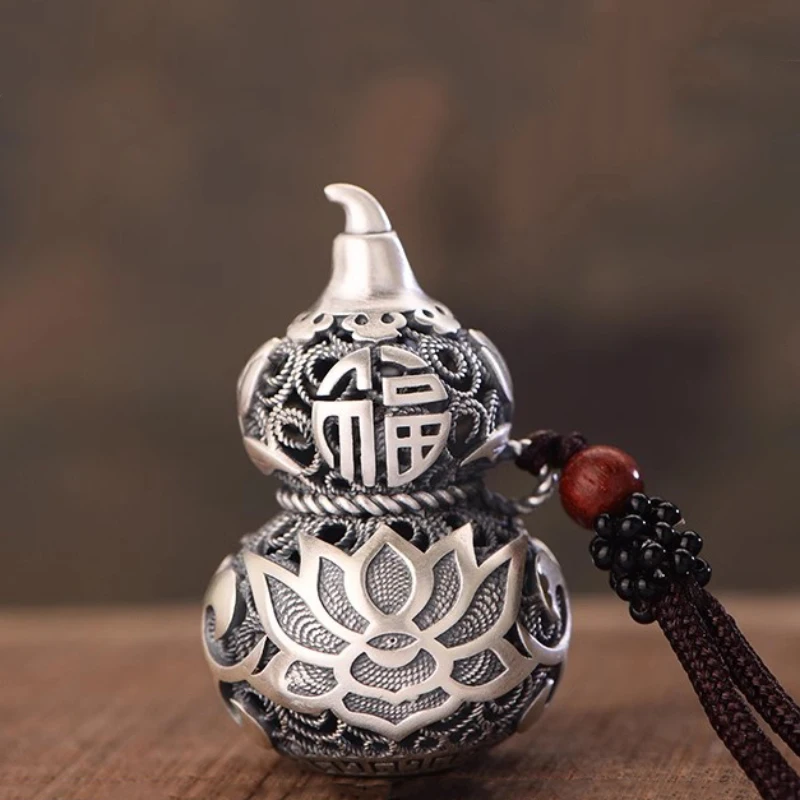 925 Silver Exquisitely Carved Hollow Out Lotus Flower Pendant Fashion Vintage Chinese Style Gourd Necklace for Women Jewelry - Image 5