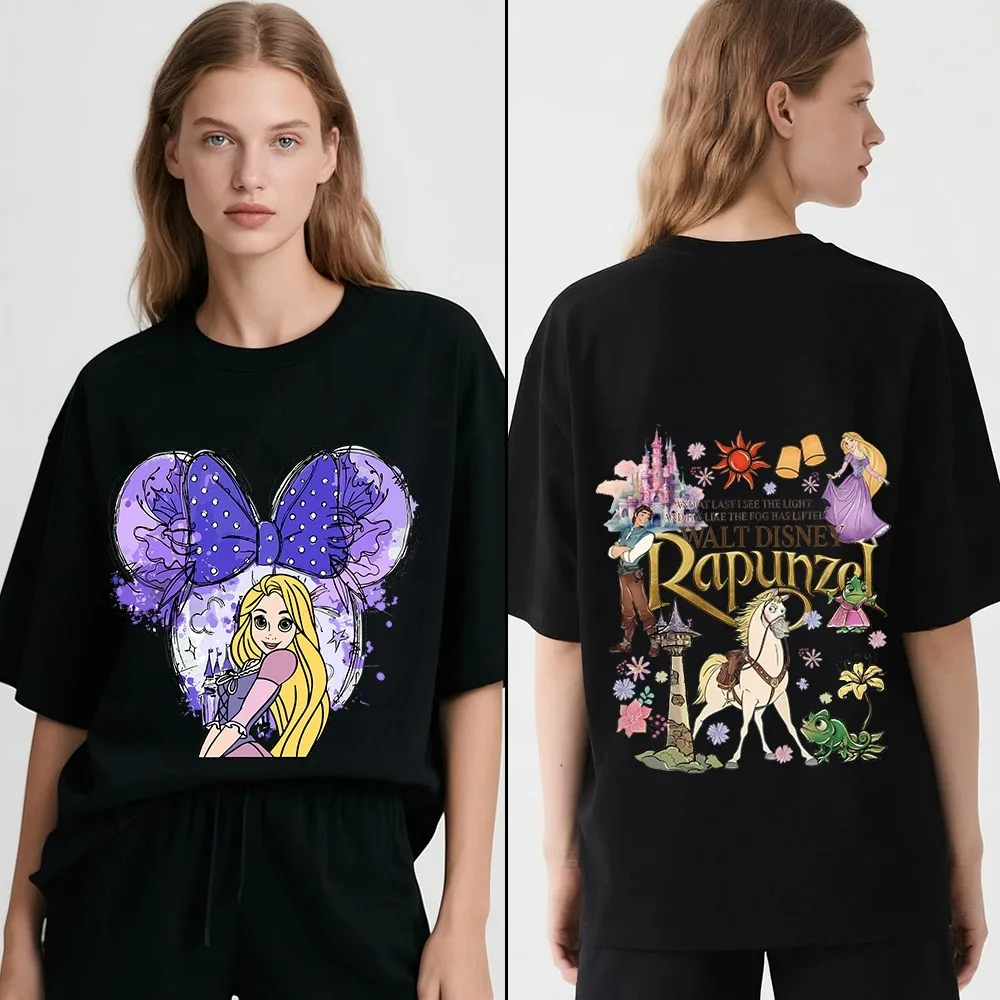 

Женская хлопковая футболка с принтом принцессы Диснея Рапунцель 2026, повседневная футболка для отдыха и путешествий, мягкая, удобная, модная футболка для женщин