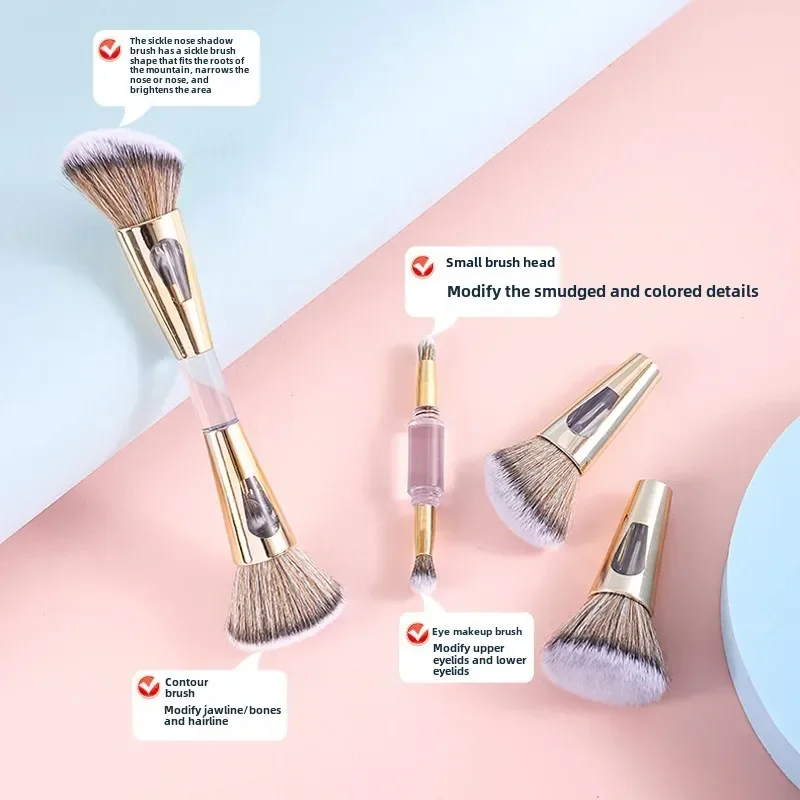 Pędzle do makijażu 4 w 1 z podwójną końcówką, wielofunkcyjne, miękkie, aksamitne pędzle do różu, pudru, rozświetlacza, przenośne narzędzia do makijażu podróżne.