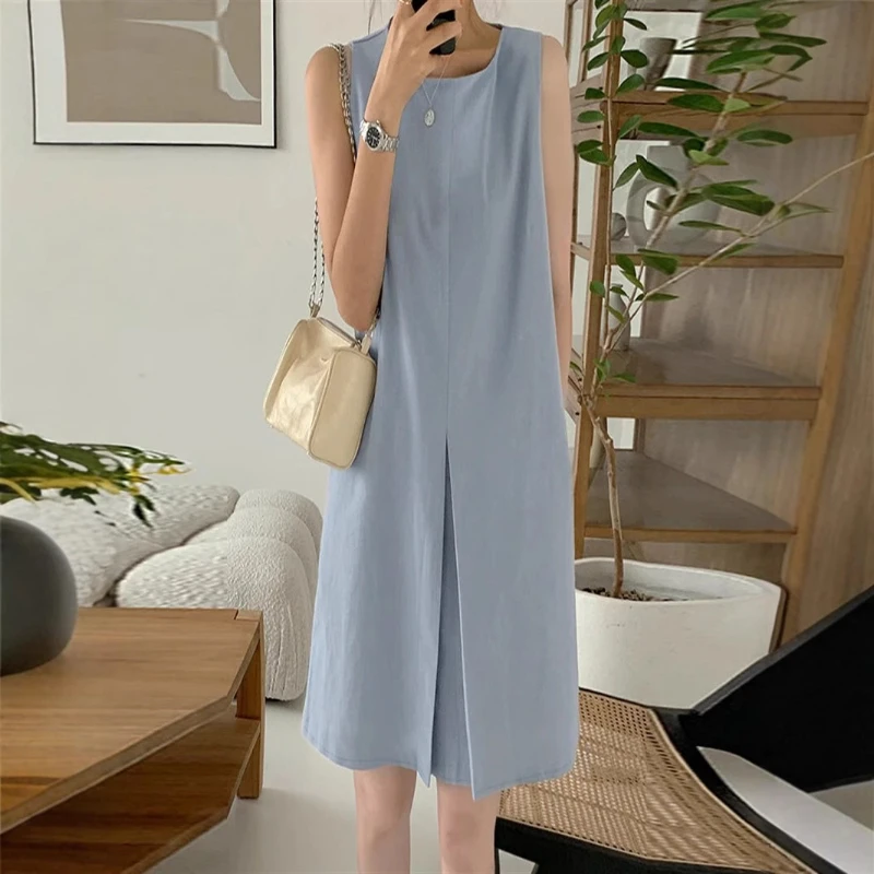2025 été Style coréen coton lin col rond sans manches femmes débardeur robes mi-longue décontracté solide coupe ample poches Robes robe