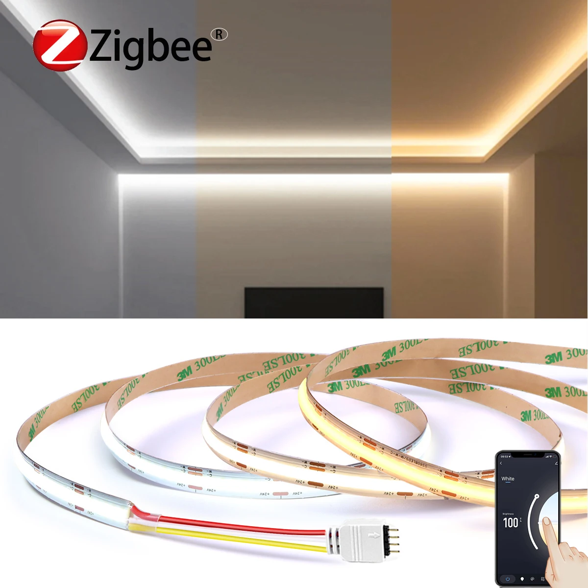 

24 В Smart Zigbee CCT COB Светодиодная лента для шкафа Сменный светильник от 2700 К до 6500 К с регулируемой яркостью Приложение Голосовое управление, требуется шлюз ZIgbee 3.0