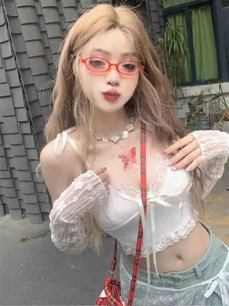 Damski krótki top z koronkowym wykończeniem, estetyczna biała kokardka, urocza, słodka mini kamizelka, dzianinowa, podstawowa, codzienna koszulka, letnia odzież plażowa z odkrytymi plecami.