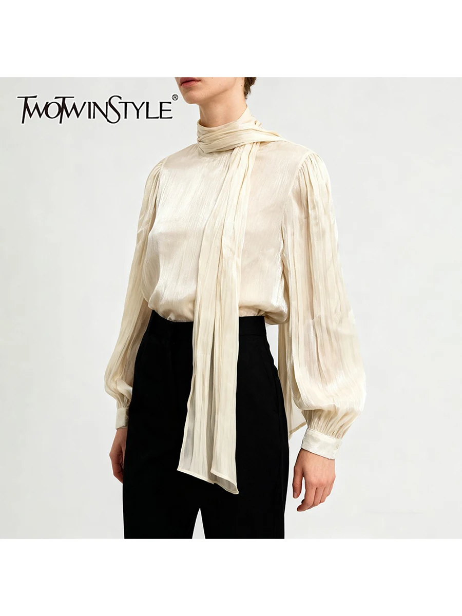 

TWOTWINSTYLE Solid Loose Spliced Ribbon Elegant Blouses for Women Round Neck Long Sleeves Patchwork Folds Basics Blouse Female