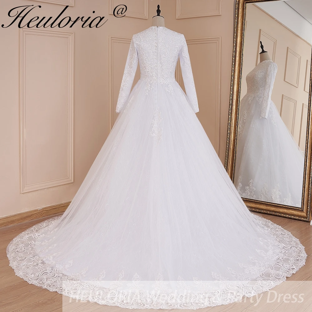 HEULORIA Muslim ball gown Wedding Dress long sleeve round neck plus size robe de mariee Lace beading bride dress court train