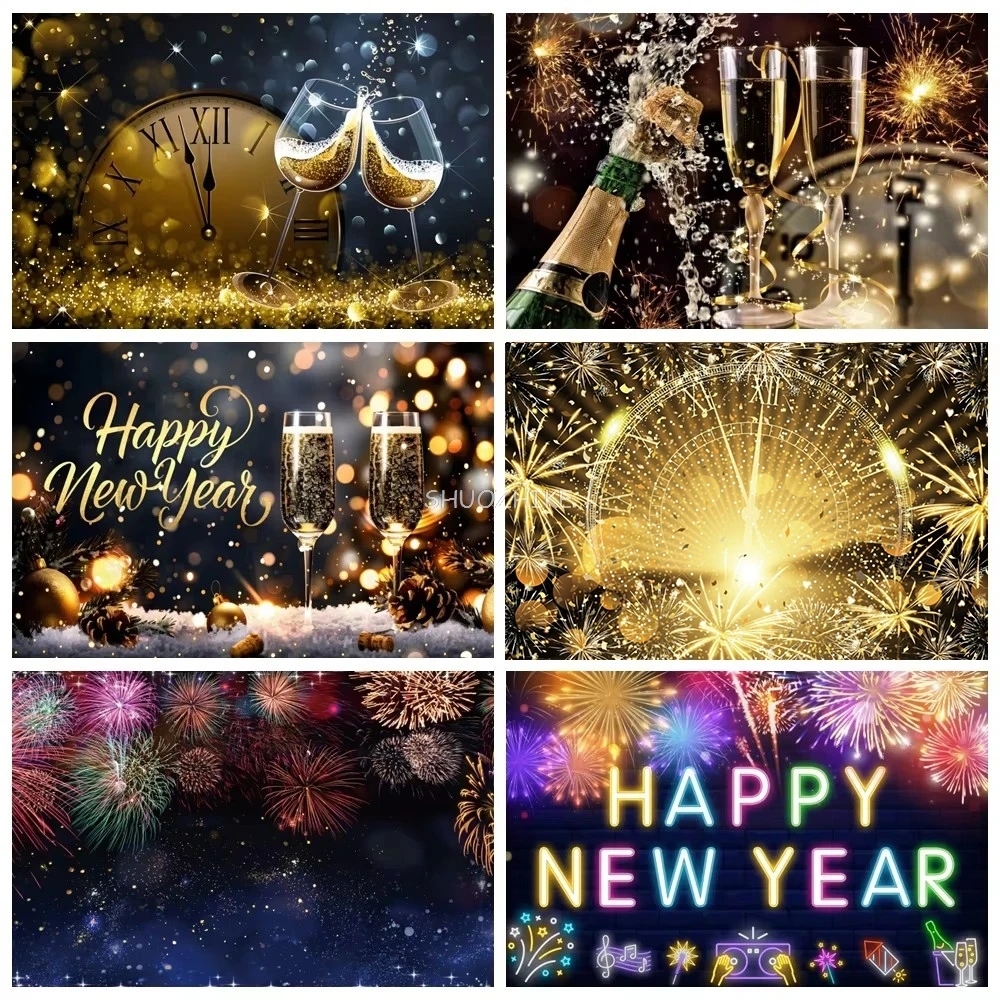 

Happy New Year Backdrops For Photography Green Polka Dot Digital Clock Champagne Party Celebration Photo Background Photo Studio