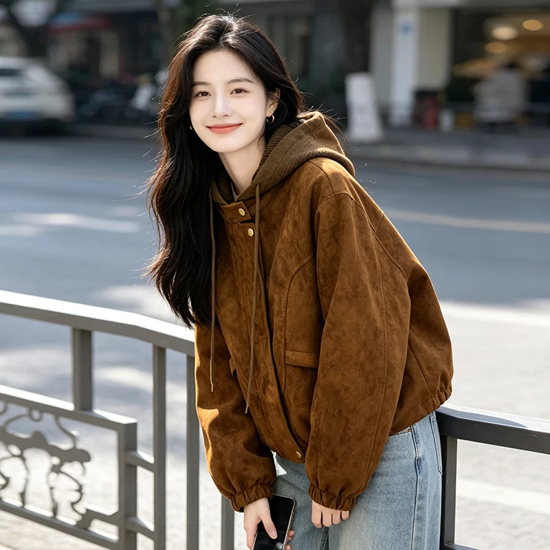 2026 Autumn Women Vintage Faux Suede Hooded Jacket Loose Drop Shoulder Drawstring Hem Casual Coat With Flap Pockets