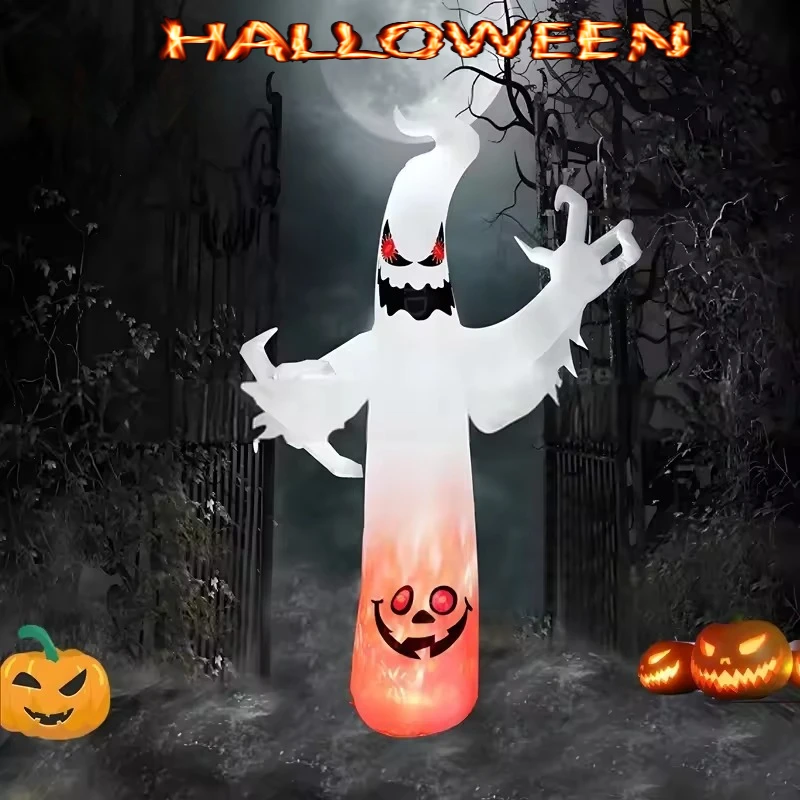 2.4M/8FT Inflatable Toys Halloween Flame Solar Term White Ghost Decoration LED Light Up Lawn Inflatable Model Outside Decortions
