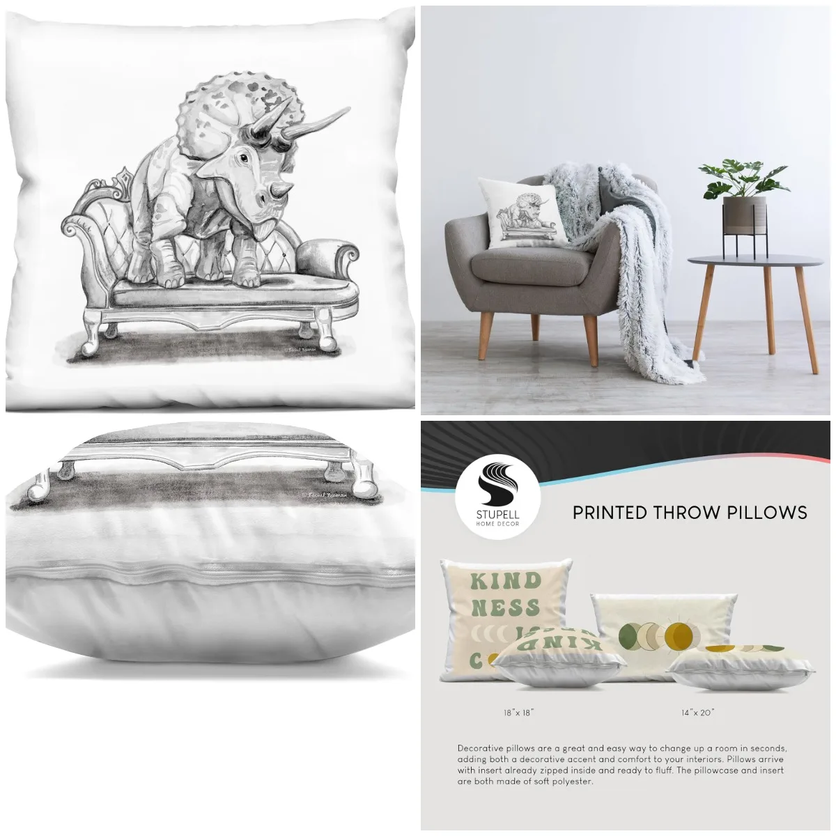 

Декоративная подушка Triceratops on Chaise Lounge с принтом для дома, 18 x 7 x 18, серая