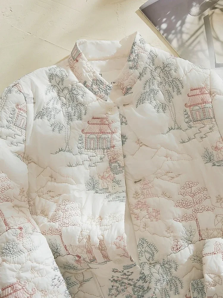 Parkas Women Coats Floral Embroidery Jackets Full Sleeve Thick Warm Y2k Streetwear Elegant Jacket Work Coat Autumn Winter 2025