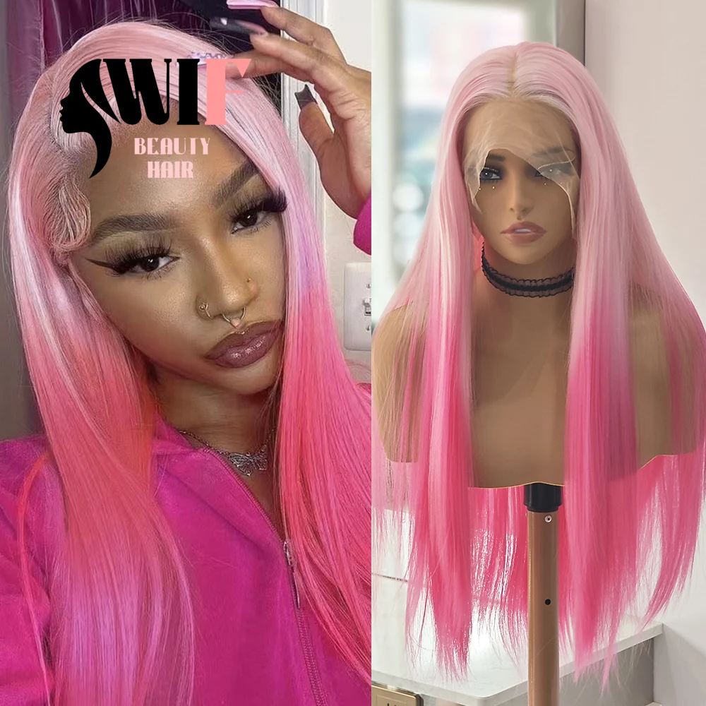 

WIF Ombre Розовый Прямой Синтетический Парик Шнурка Градиент Розового Цвета Прямые Волосы Парики Фронта Шнурка Светло-Розовый Корь Женщины Косплей Волосы