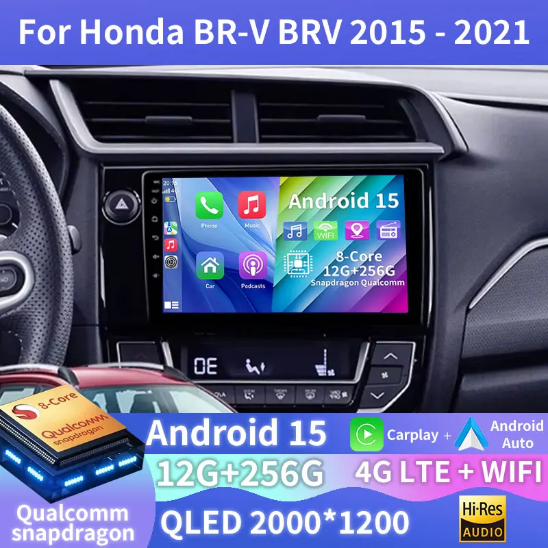 Radio para Auto Android 15 para Honda BR-V BRV 2015-2021 LHD, Carplay Inalámbrico, GPS, Reproductor Multimedia, Navegador, Unidad Principal, Cámara 360, Estéreo