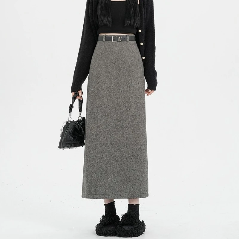 

Seoulish Autumn Winter Vintage Woolen Women's Wrap Skirts 2025 High Waist Korean Solid Back Split Sheath Straight Skirts Female