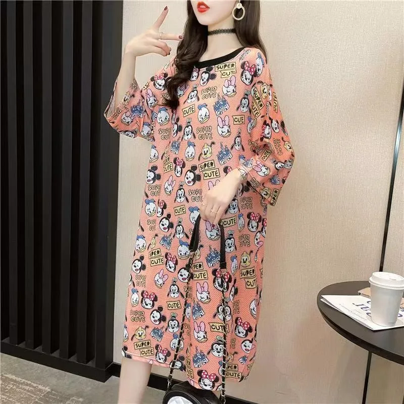 

Women's Summer Ice Silk Loose Nightgown Home Clothes Cartoon Print dress Quick drying mesh short sleeved T-shirt plus Size