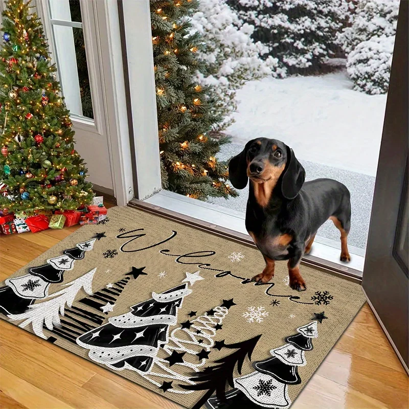 1pc Welcome Holiday Doormat, Flannel Material, Thick Pile - Sponge Thickness 0.4 Inch/1.28 LB Per Square Meter, Classic Vintage Style, Black and White Christmas