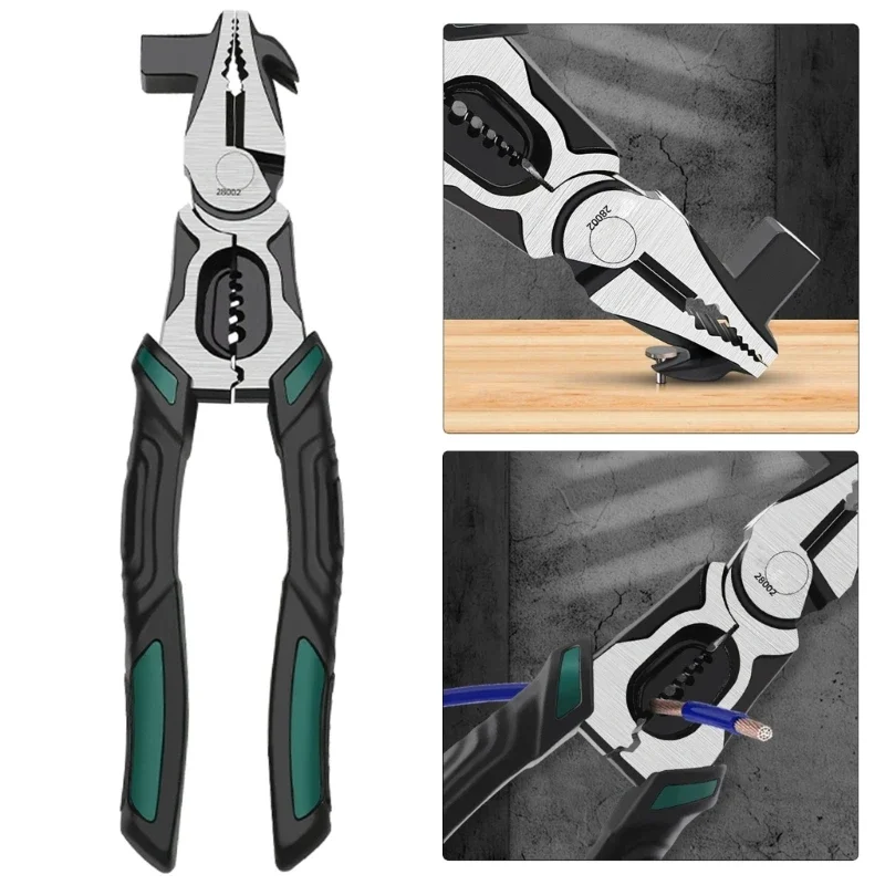 Multifunktionale Spannzange mit Hammer, Nagelheber, Abisolierschneider, robuste Elektriker-Zange zum Crimpen