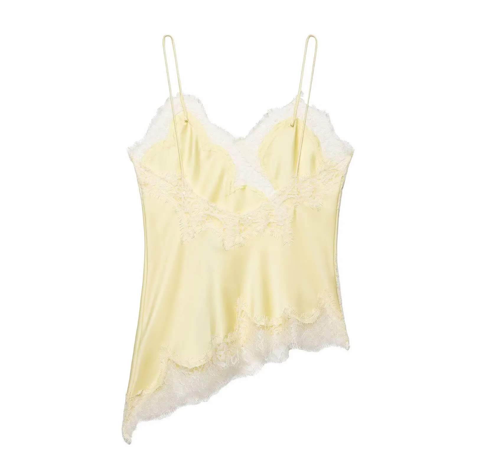 HH المرأة مثير الصيف الصلبة تول غير المتماثلة حبال الأعلى أكمام الخامس الرقبة الدانتيل الزخرفية الأصفر قمم أزياء وتتسابق