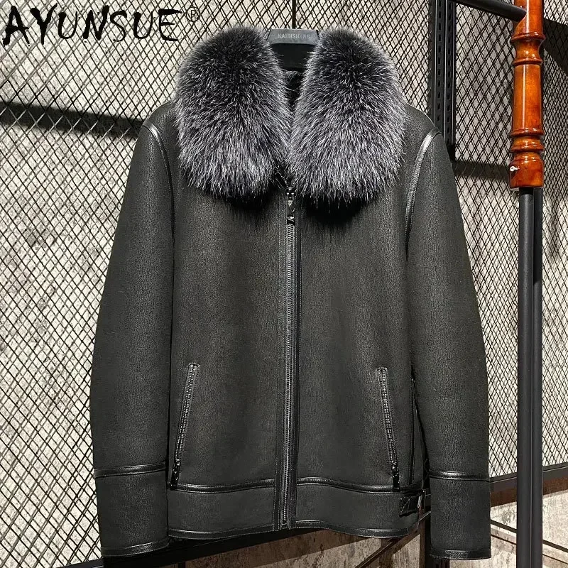 AYUNSUE Natural Fur Coat Winter Jackets for Men Genuine Leather Jacket Real Coats Silver Fox Collar Clothing abrigos SGG