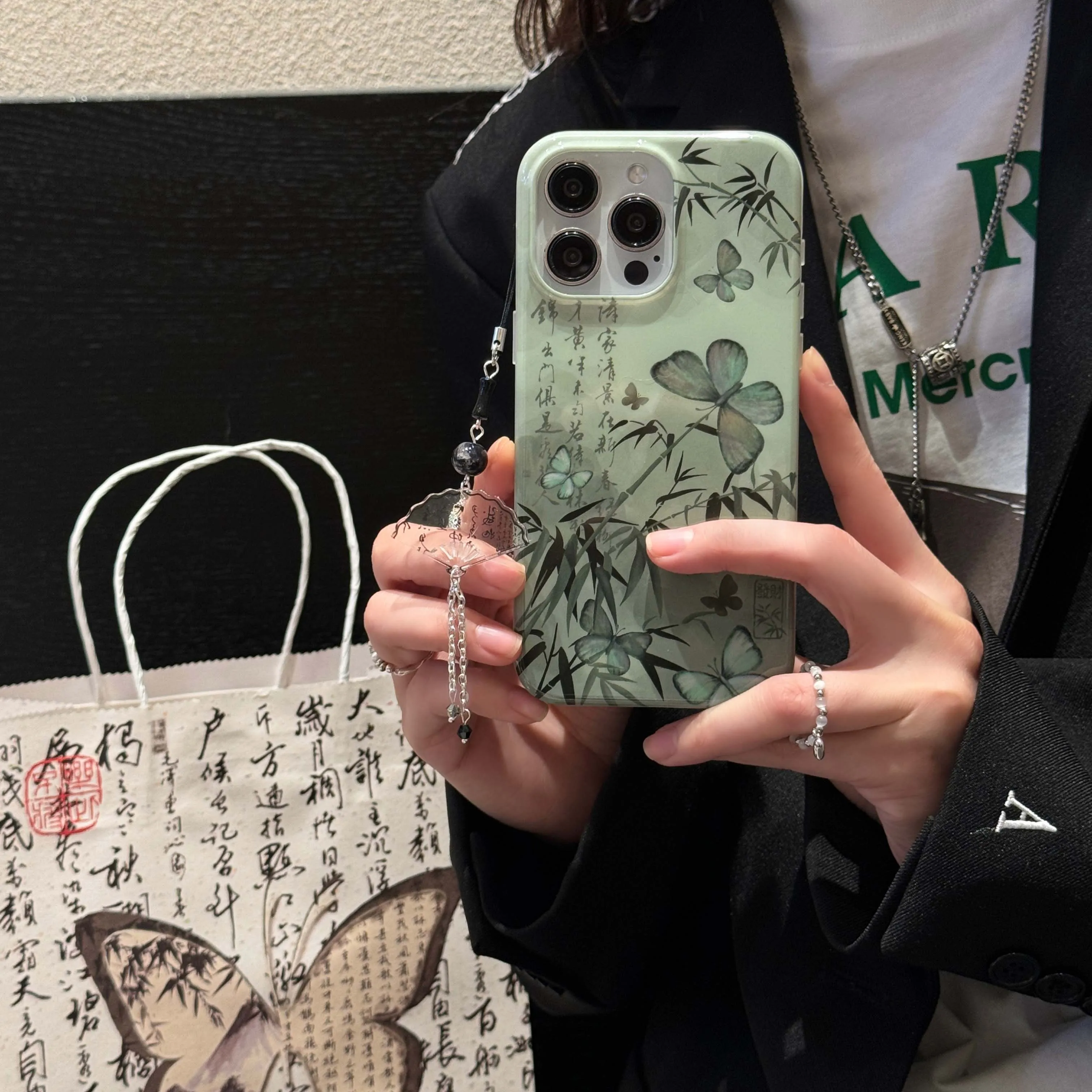 New style 2024 phone case for iphone 13promax 15 pro max 13 15pro 14pro 14 12 bamboo ink chinese butterfly fan bracelet conque