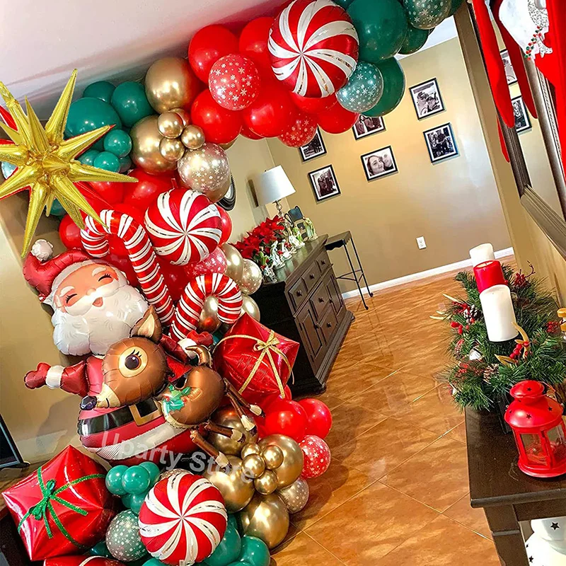 Christmas Decoration Balloons Arch Santa Claus Elk Cane Foil Globos Green Red Gold Balloon Garland for Christmas Birthday Decor