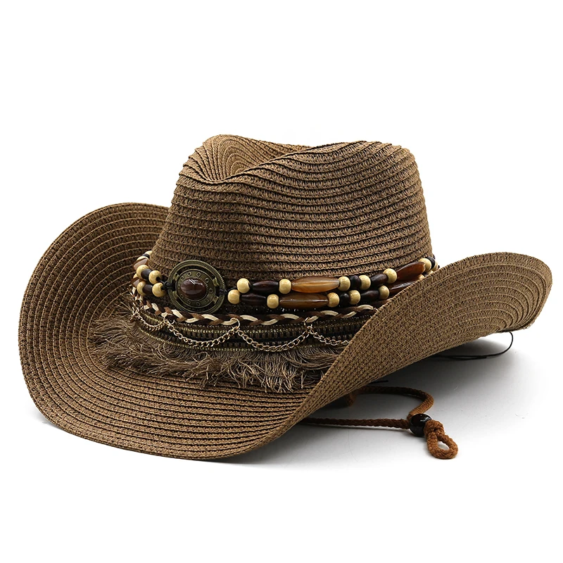 New Shell Tassels cowboy Straw Hats Summer Cooling Beach Sun Hat for Women Men Trendy Woven Breathable Sun Protection Jazz Hat