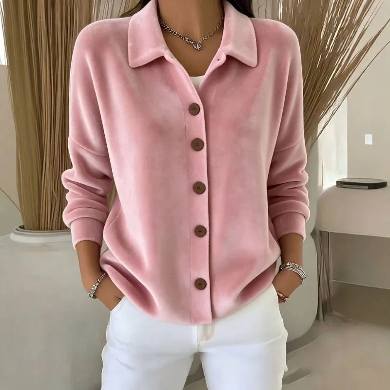 Camisa de forro polar holgada de manga larga con cuello de solapa y bolsillos para mujer