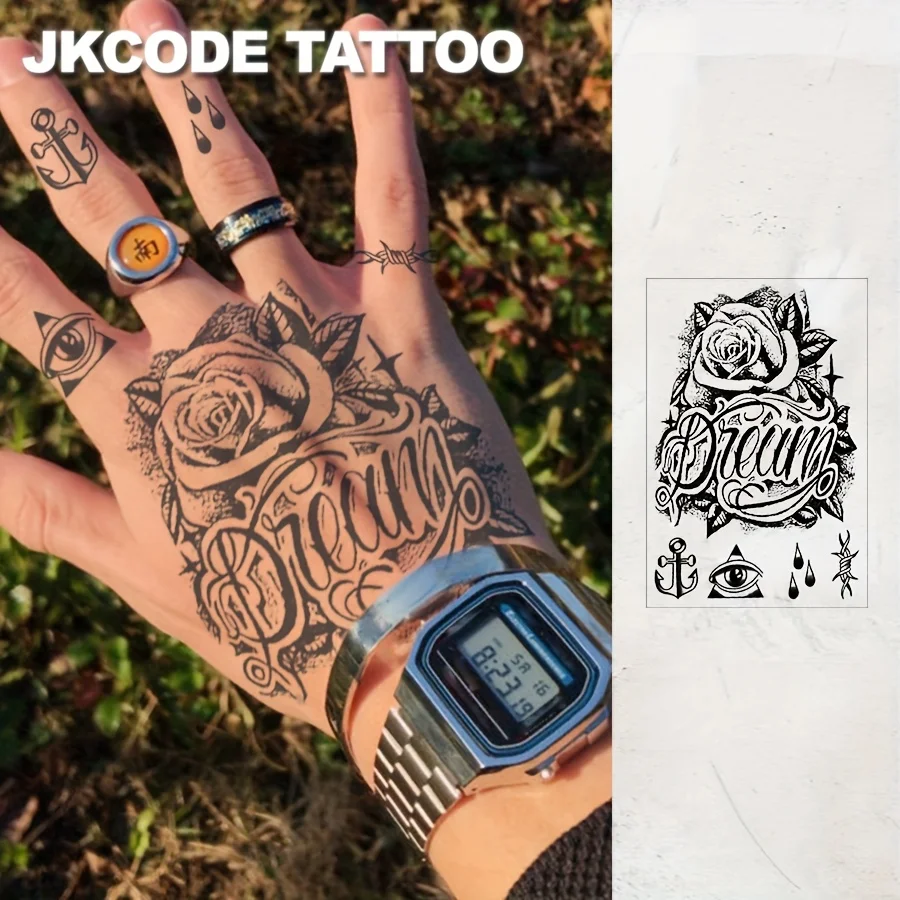 Wasserfestes Design, semi-permanente Tattoos, Tattoo im Retro-Graffiti-Stil – „Familie & Traum“-Motiv mit Rosen und weißen Tauben – modisches englisches Tattoo für Männer – temporäres Tattoo für Hals, Hand und Finger – Detail 4