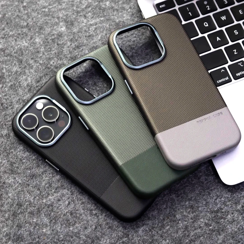 

Luxury Business Hit Color Relief Leather Case for IPhone 16 15 14 13 Pro Max MagSafe Magnetic Wireless Charging Alloy Lens Cover